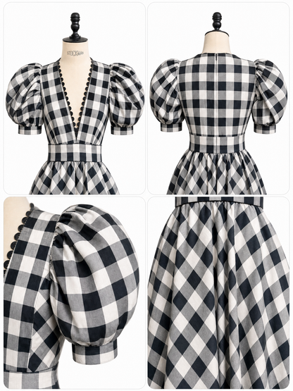 Vintage Gingham V-Neck Puff Sleeve Waist Cinched A-Line Dress