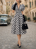 Vintage Gingham V-Neck Puff Sleeve Waist Cinched Midi Dress