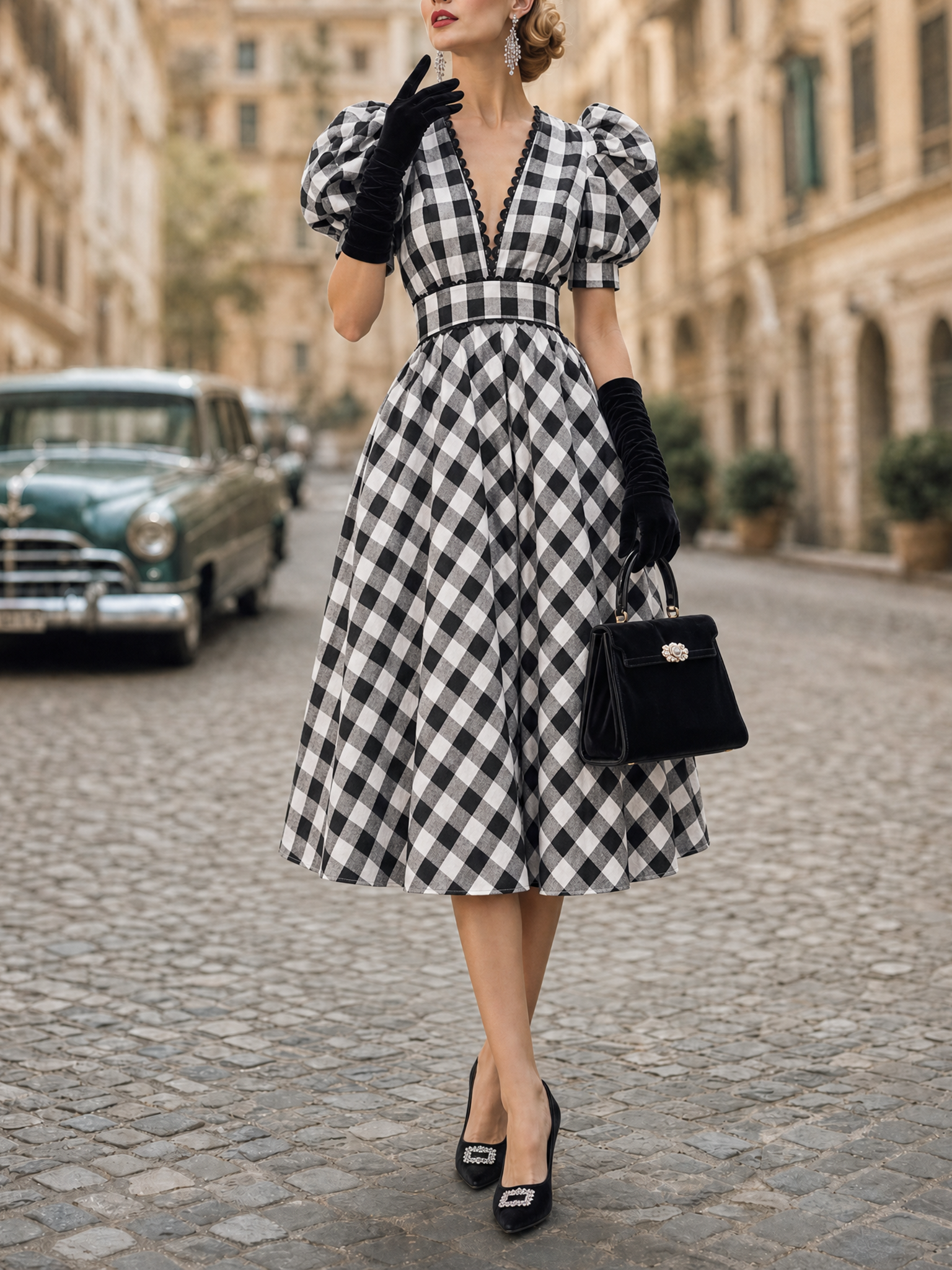 Vintage Gingham V-Neck Puff Sleeve Waist Cinched Midi Dress