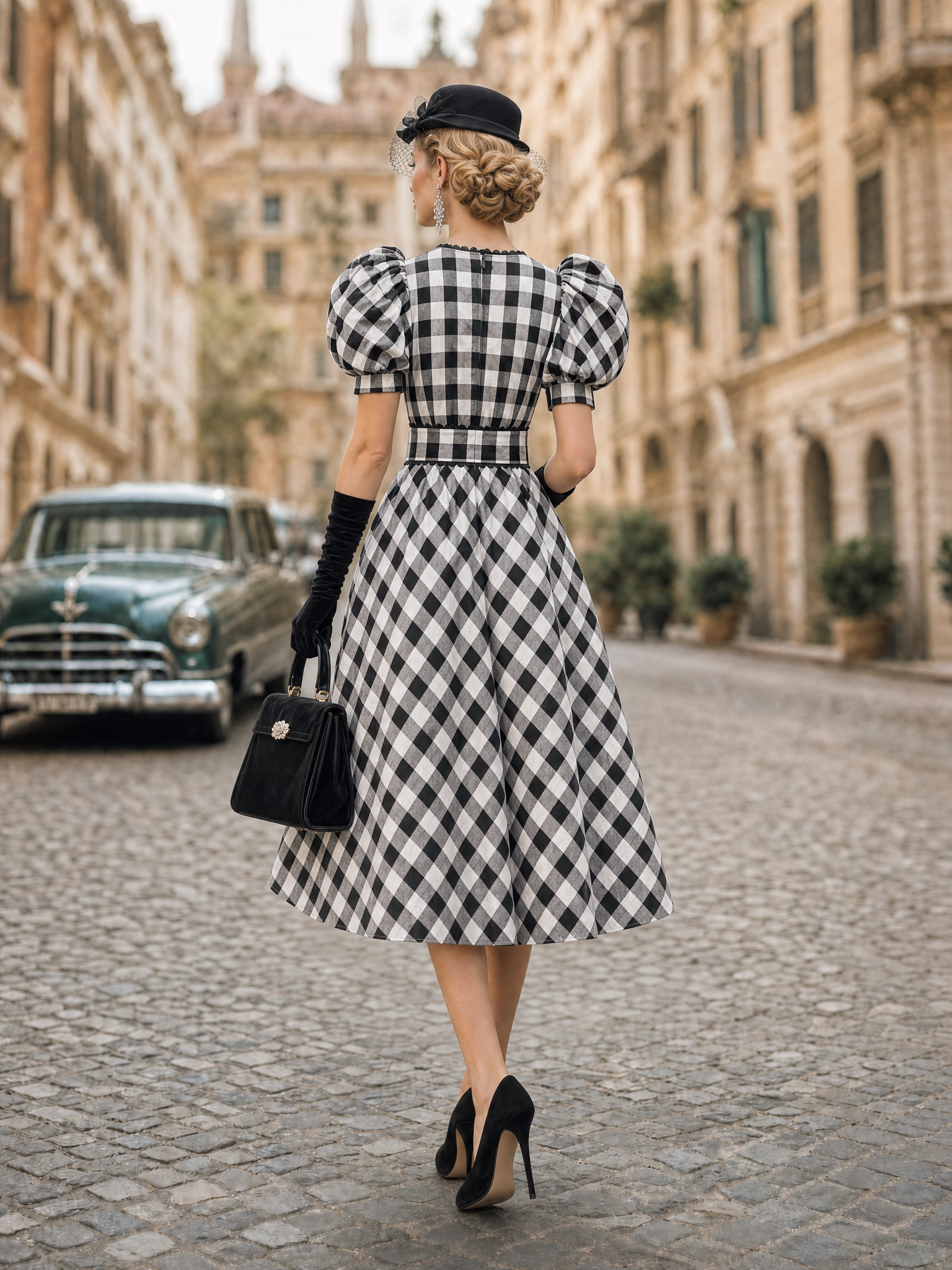 Vintage Gingham V-Neck Puff Sleeve Waist Cinched Midi Dress