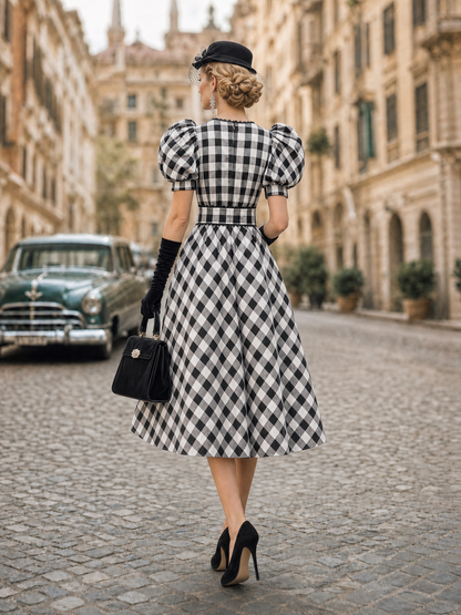 Vintage Gingham V-Neck Puff Sleeve Waist Cinched A-Line Dress