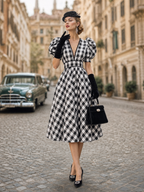 Vintage Gingham V-Neck Puff Sleeve Waist Cinched Midi Dress