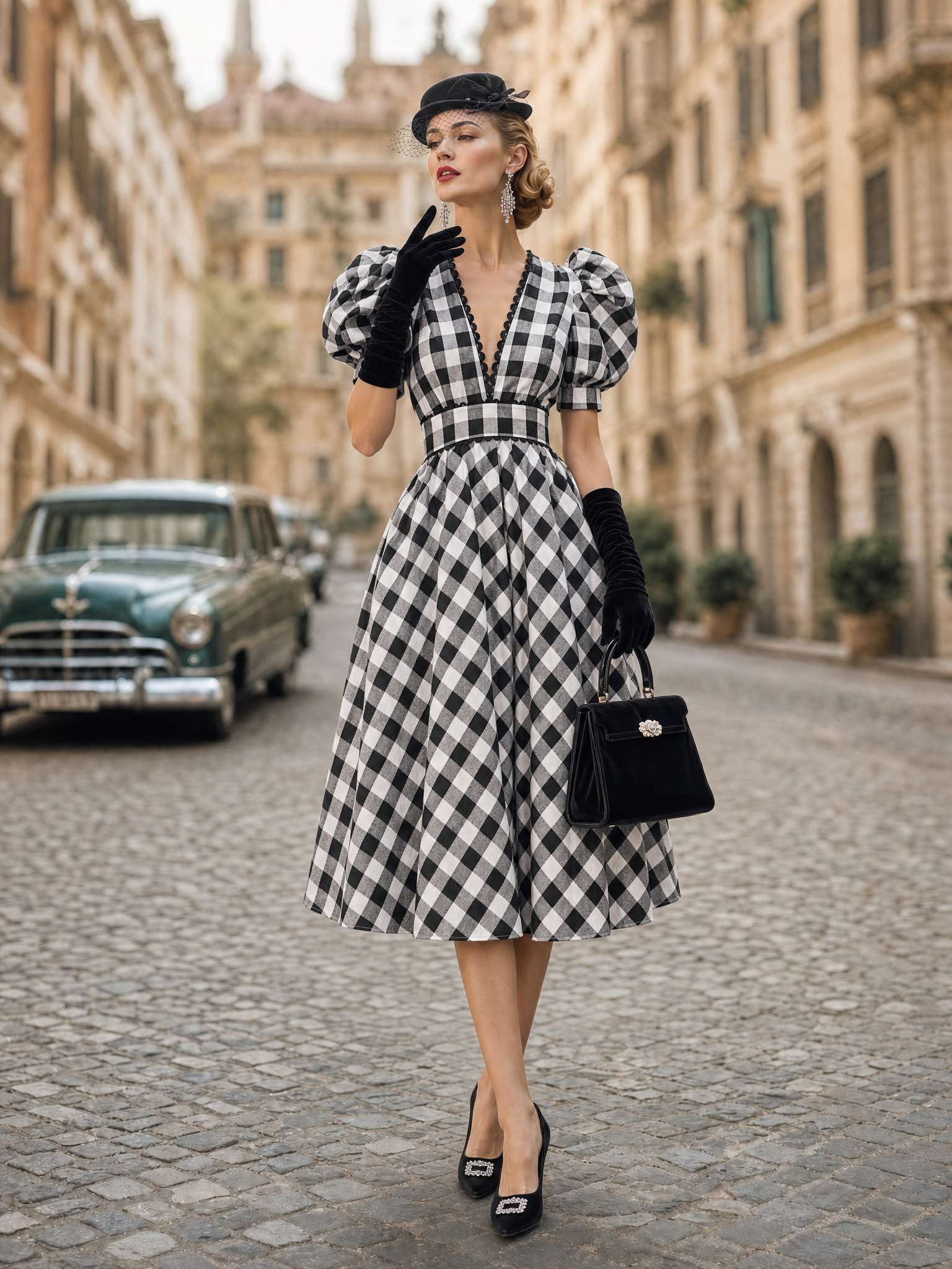 Vintage Gingham V-Neck Puff Sleeve Waist Cinched Midi Dress