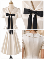 Vintage Satin Sailor Collar Bow Short Sleeve Midi Dress