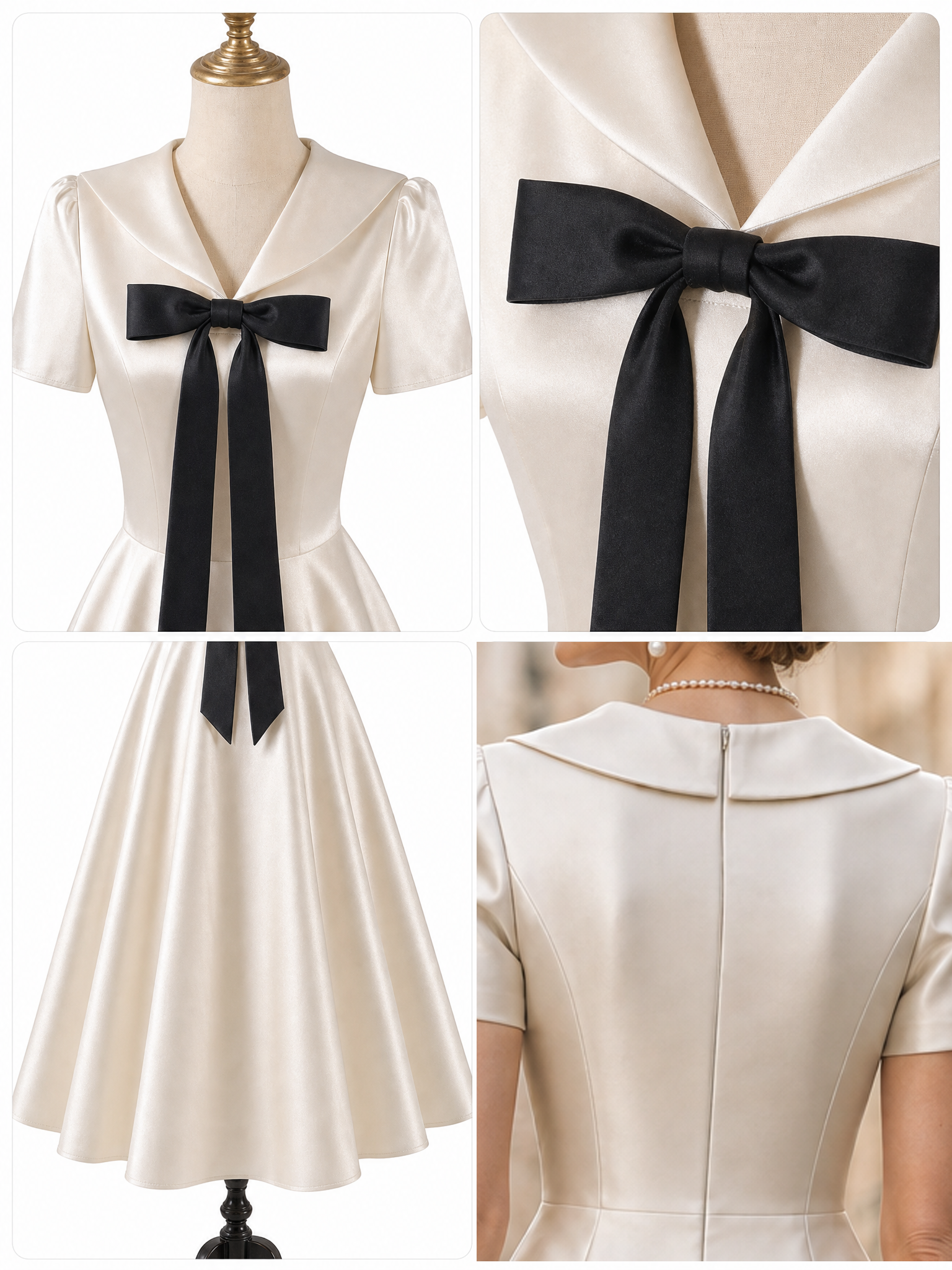 Vintage Satin Sailor Collar Bow Short Sleeve Midi Dress