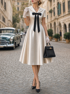 Vintage Satin Sailor Collar Bow Short Sleeve Midi Dress