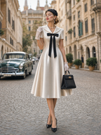 Vintage Satin Sailor Collar Bow Short Sleeve Midi Dress