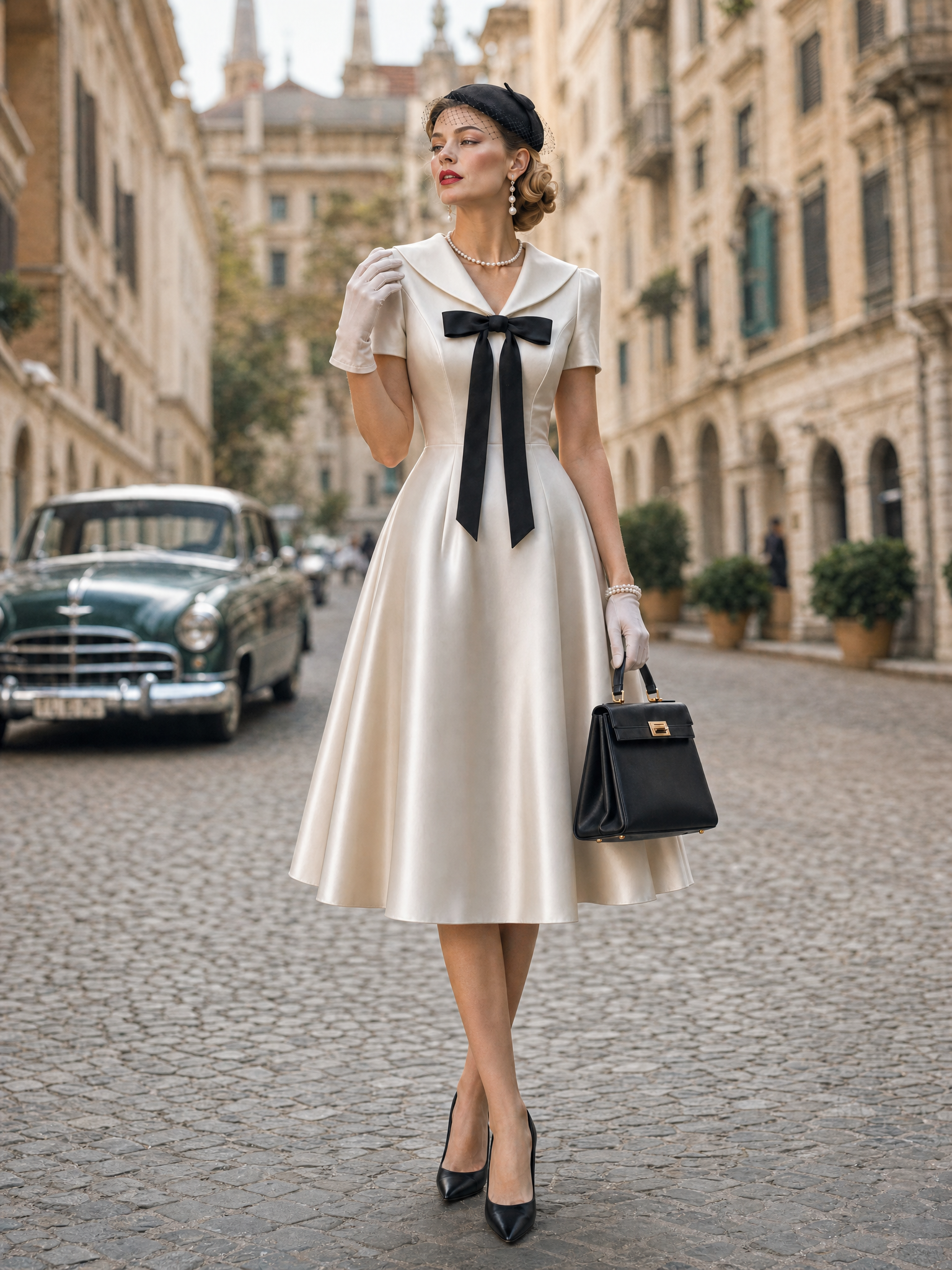 Vintage Satin Sailor Collar Bow Short Sleeve Midi Dress