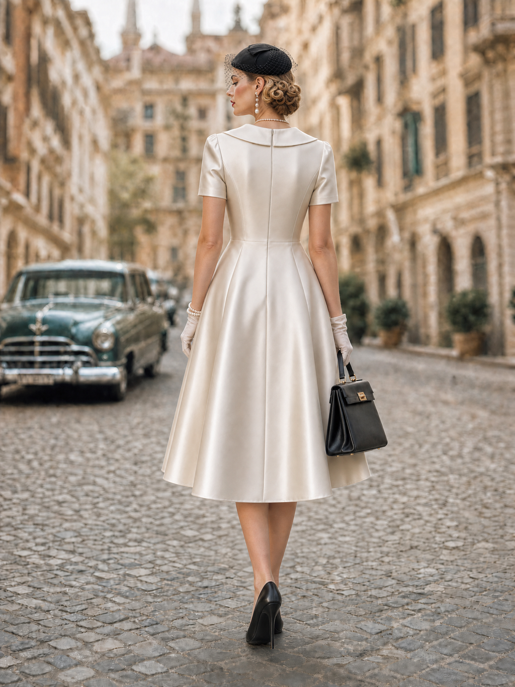 Vintage Satin Sailor Collar Bow Short Sleeve Midi Dress