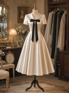 Vintage Satin Sailor Collar Bow Short Sleeve Midi Dress