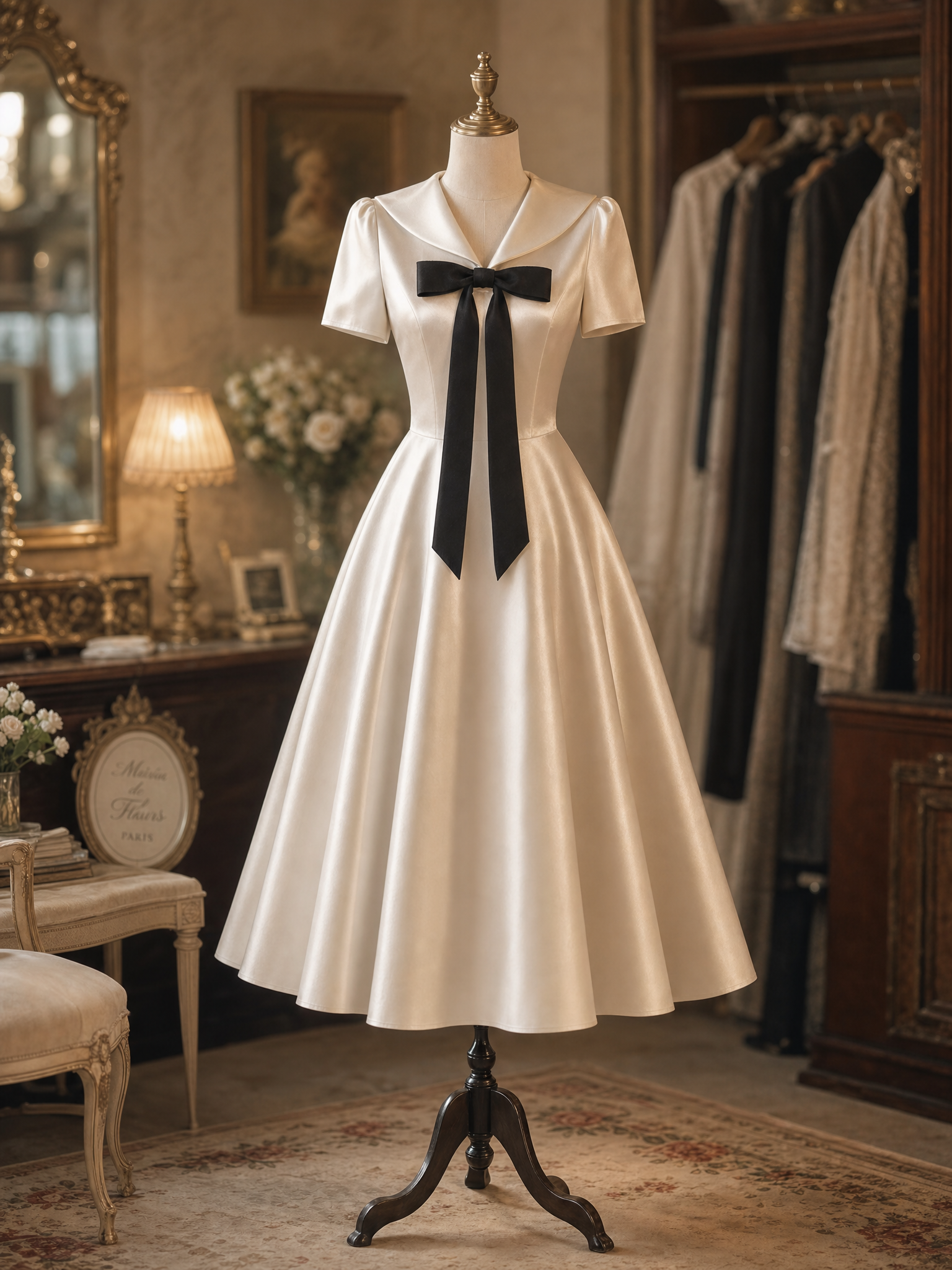 Vintage Satin Sailor Collar Bow Short Sleeve Midi Dress