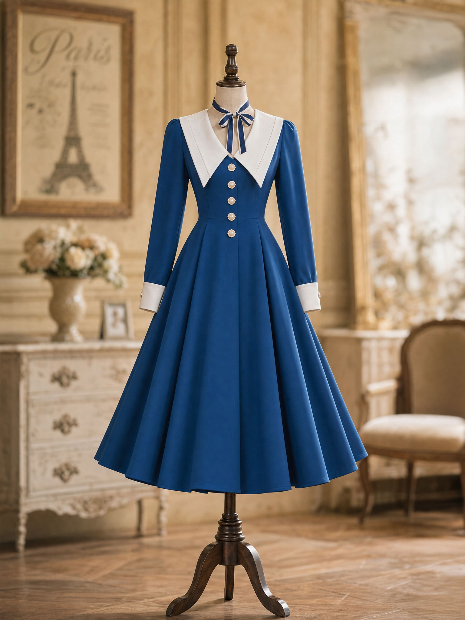 Vintage Contrast Sailor Collar Button Down Midi Dress
