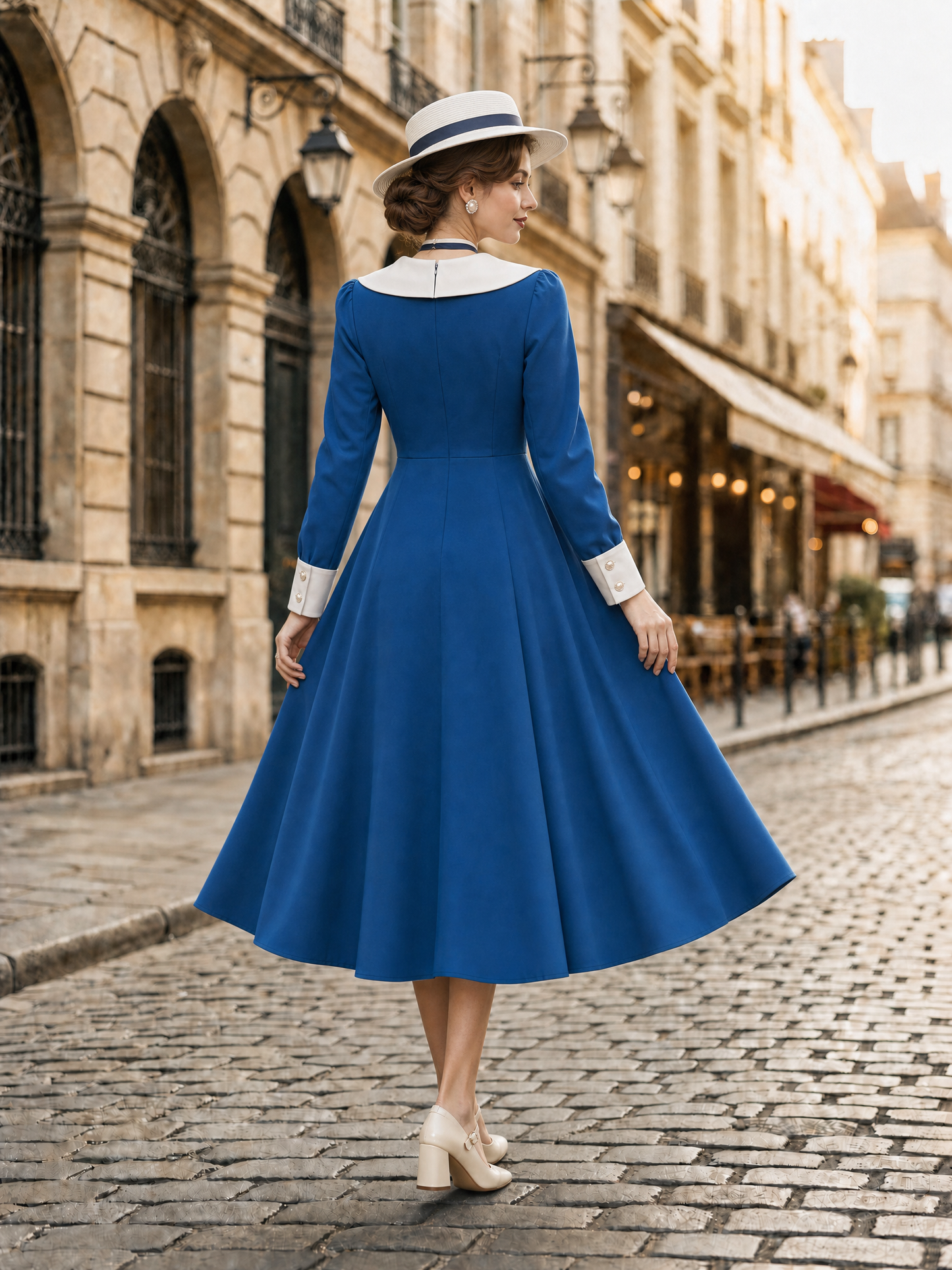 Vintage Contrast Sailor Collar Button Down A-Line Dress