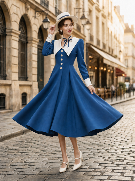 Vintage Contrast Sailor Collar Button Down Midi Dress