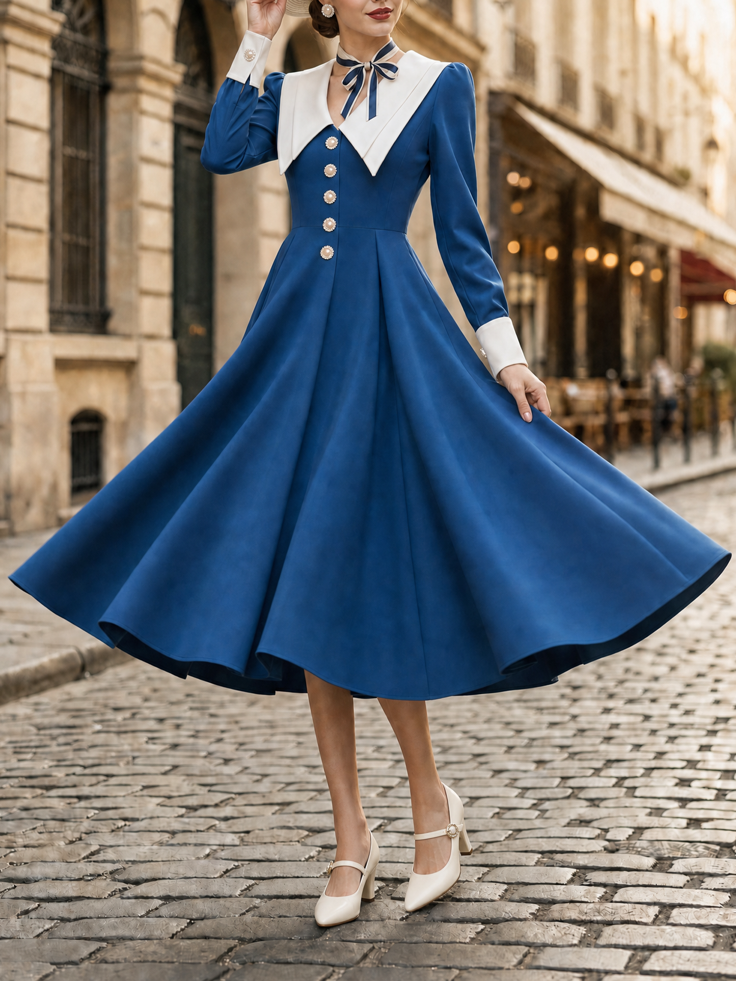 Vintage Contrast Sailor Collar Button Down A-Line Dress