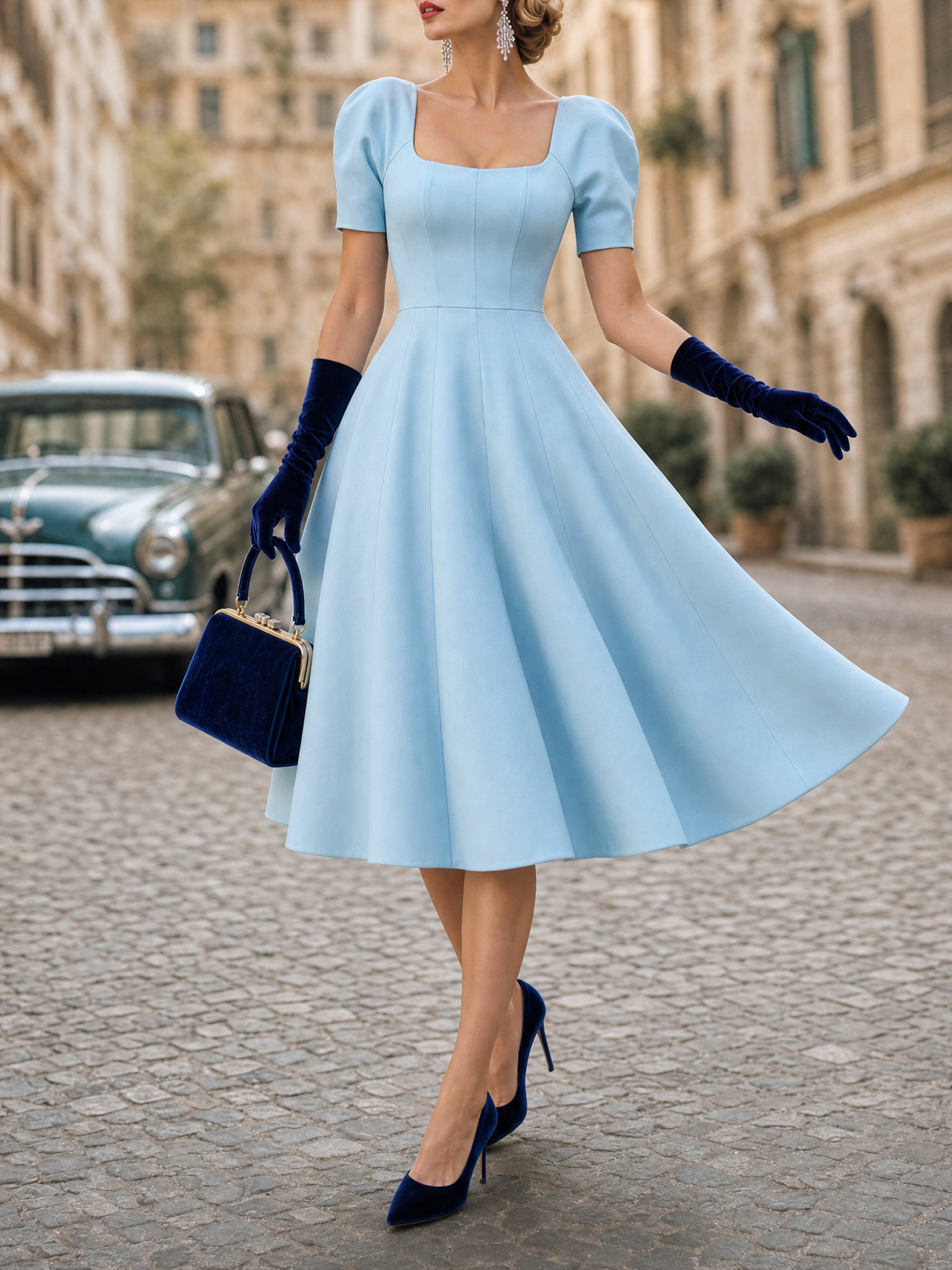 Vintage Office Square Neck Puff Sleeve A-Line Midi Dress