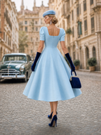 Vintage Office Square Neck Puff Sleeve A-Line Midi Dress