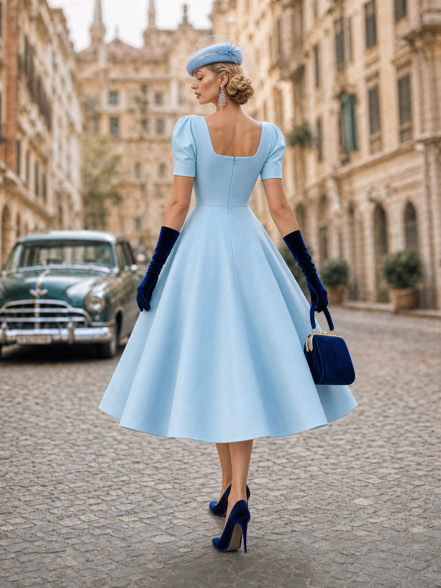 Vintage Office Square Neck Puff Sleeve A-Line Midi Dress