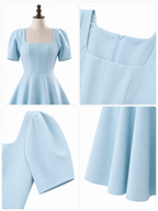 Vintage Office Square Neck Puff Sleeve A-Line Midi Dress