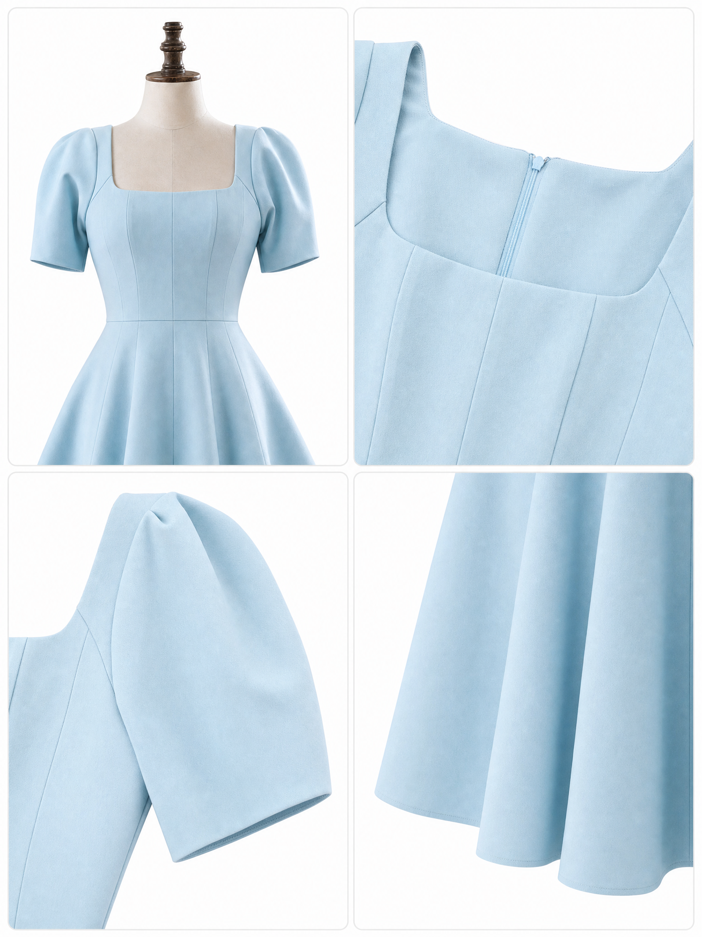 Vintage Office Square Neck Puff Sleeve A-Line Midi Dress