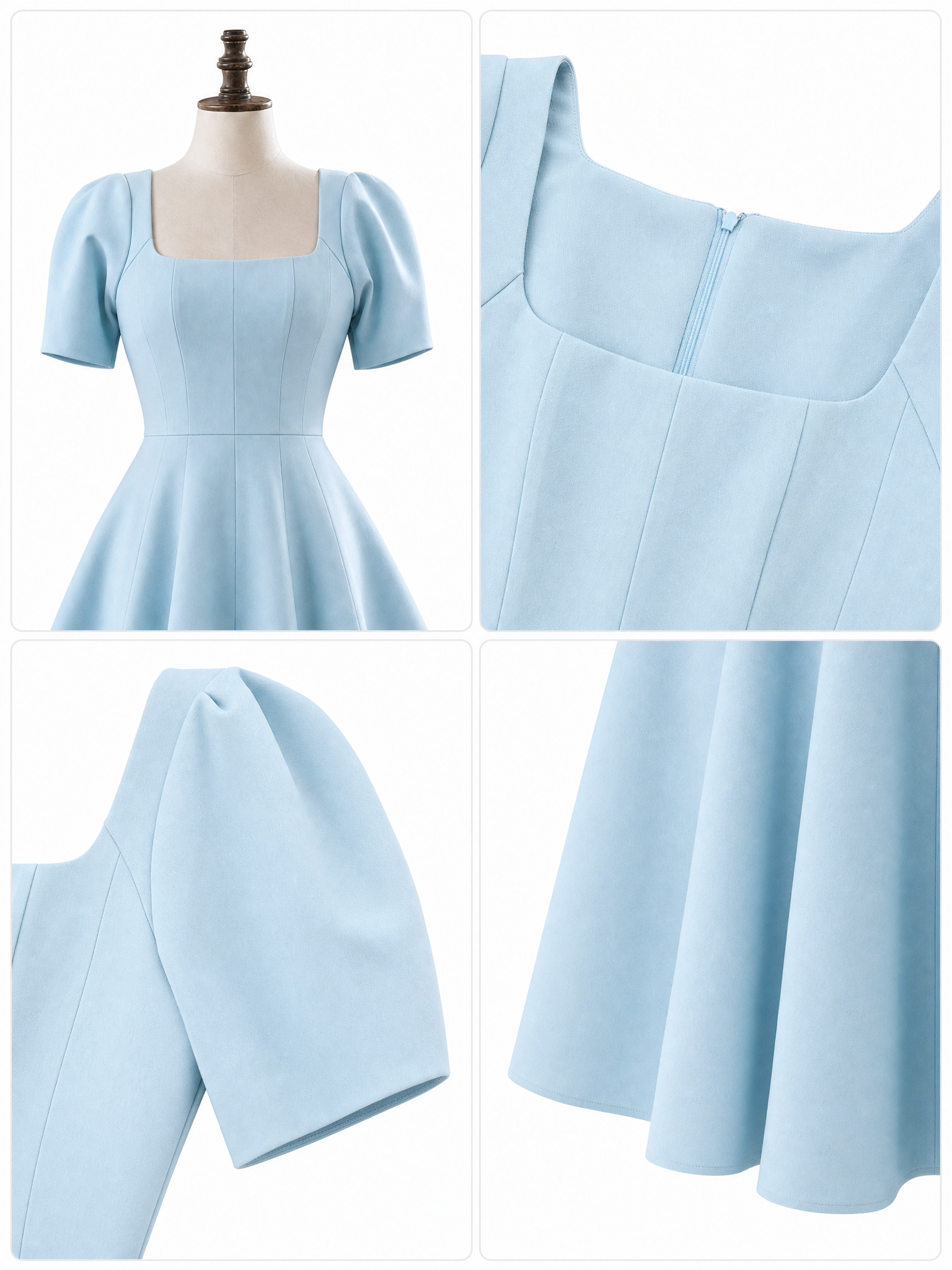 Vintage Office Square Neck Puff Sleeve A-Line Midi Dress