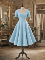 Vintage Office Square Neck Puff Sleeve A-Line Midi Dress