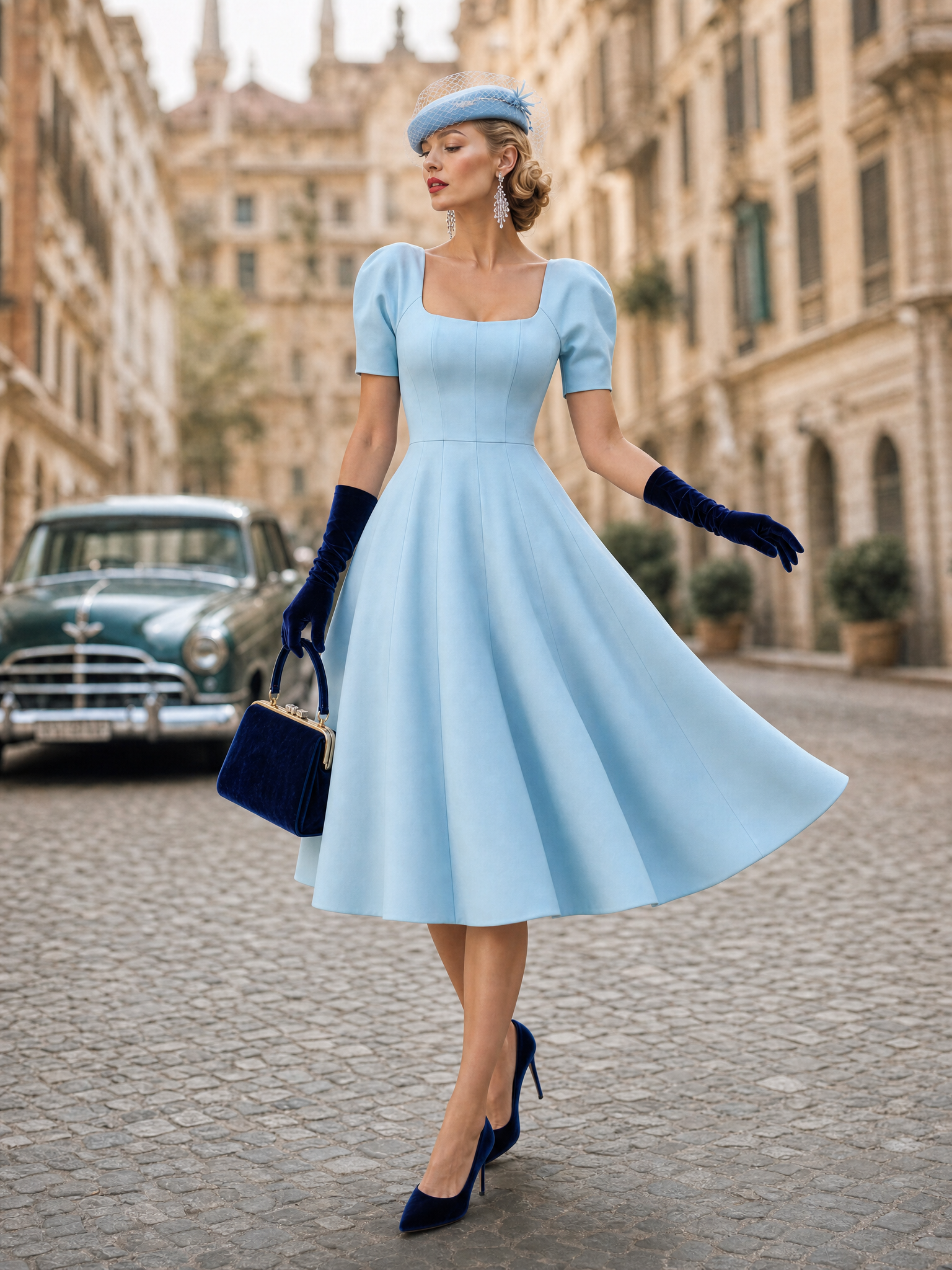 Vintage Office Square Neck Puff Sleeve A-Line Midi Dress