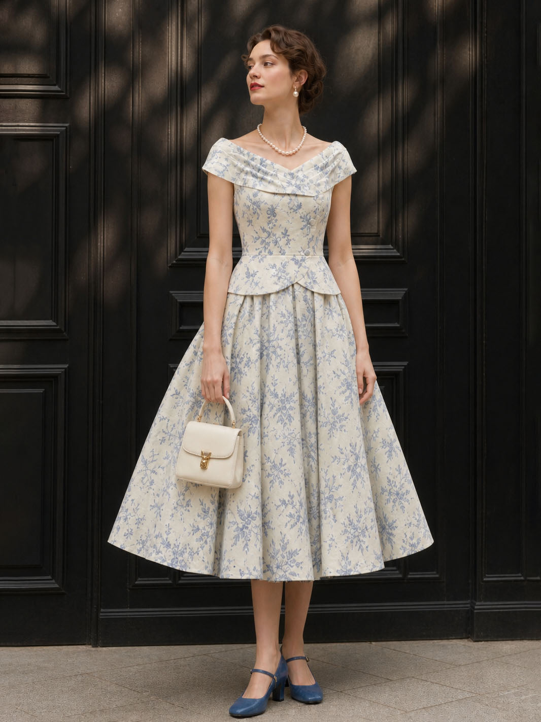 Vintage Floral Print Off Shoulder Top And Umbrella Skirt Set