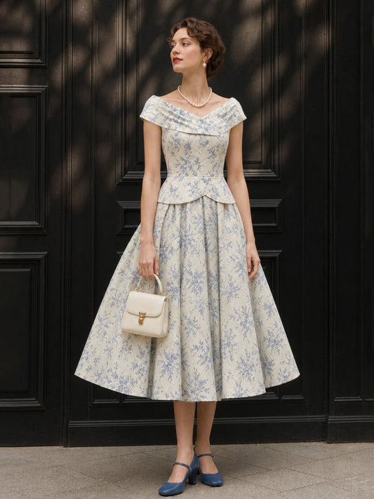 Vintage Floral Print Off Shoulder Top And Umbrella Skirt Set