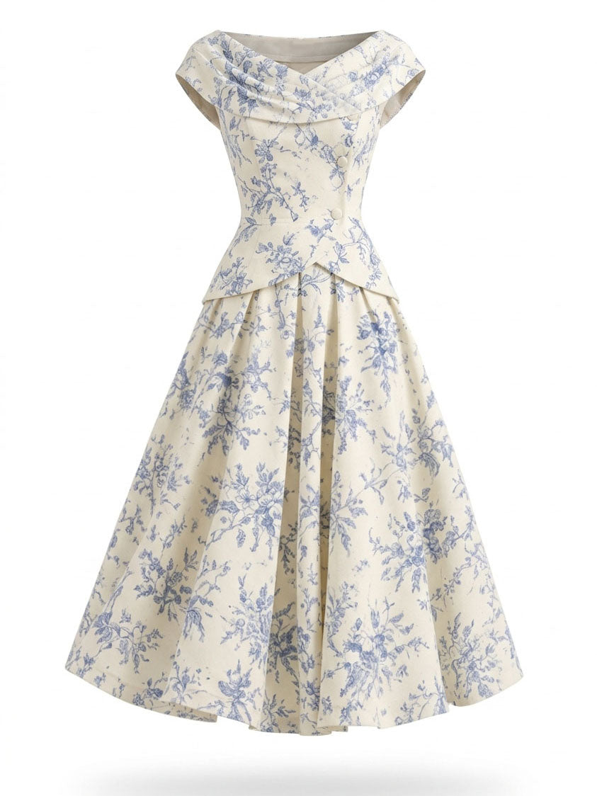 Vintage Floral Print Off Shoulder Top And Umbrella Skirt Set