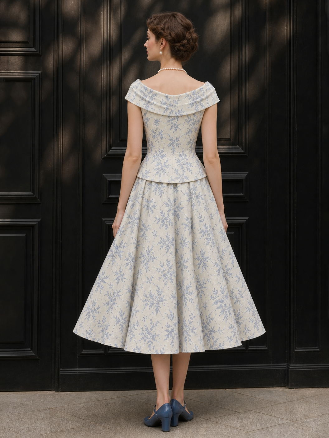 Vintage Floral Print Off Shoulder Top And Umbrella Skirt Set