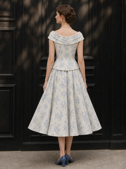 Vintage Floral Print Off Shoulder Top And Umbrella Skirt Set