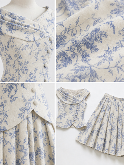 Vintage Floral Print Off Shoulder Top And Umbrella Skirt Set