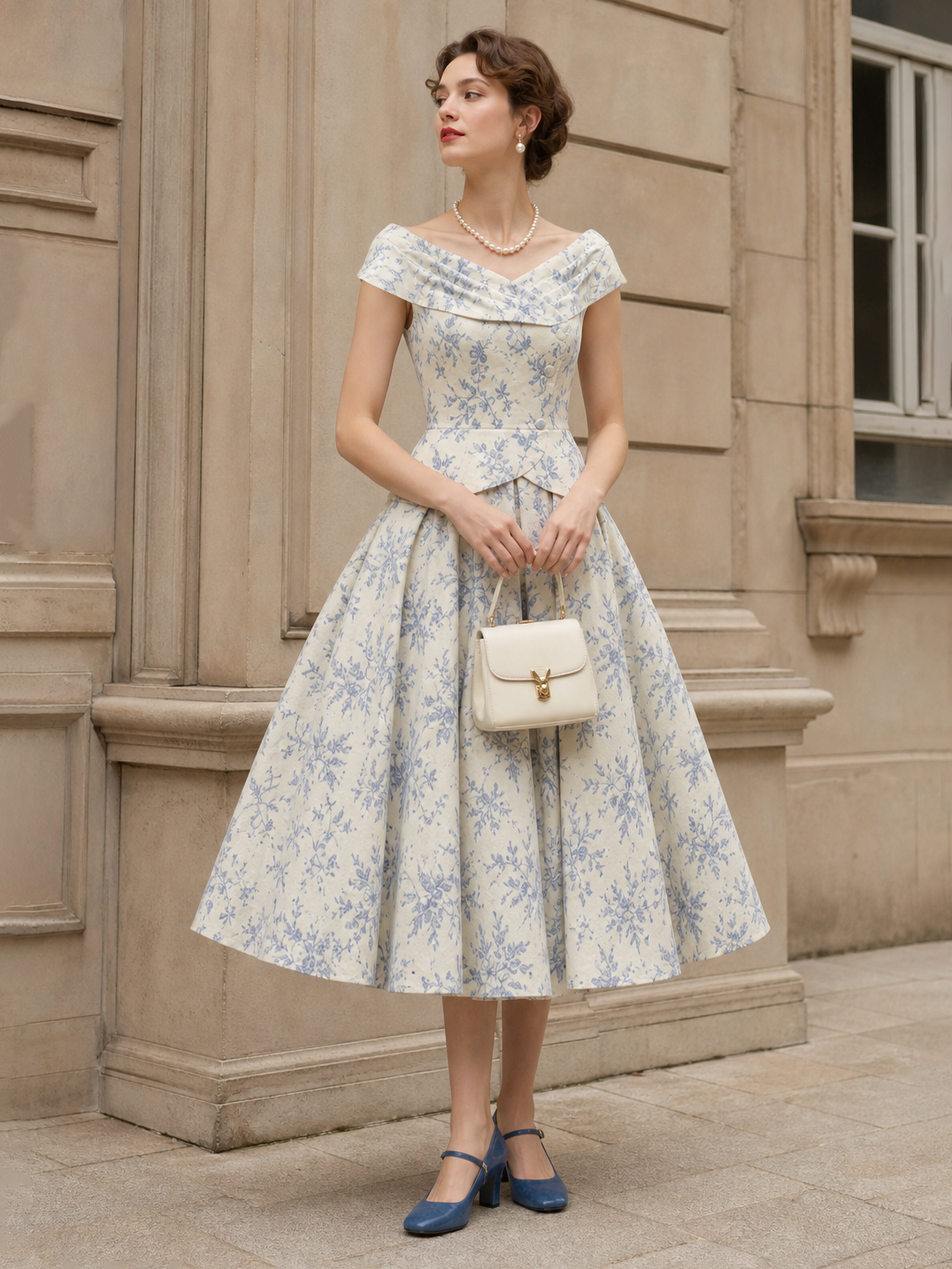 Vintage Floral Print Off Shoulder Top And Umbrella Skirt Set