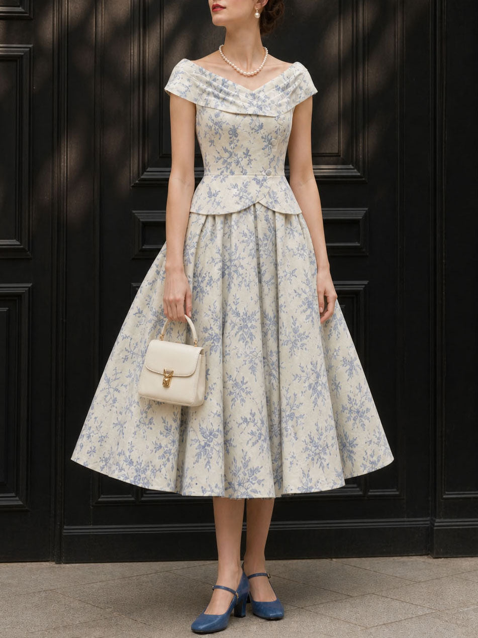 Vintage Floral Print Off Shoulder Top And Umbrella Skirt Set