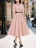 Vintage V-Neck Puff Sleeve Belted Swing Dress