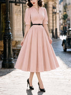 Vintage V-Neck Puff Sleeve Belted Swing Dress