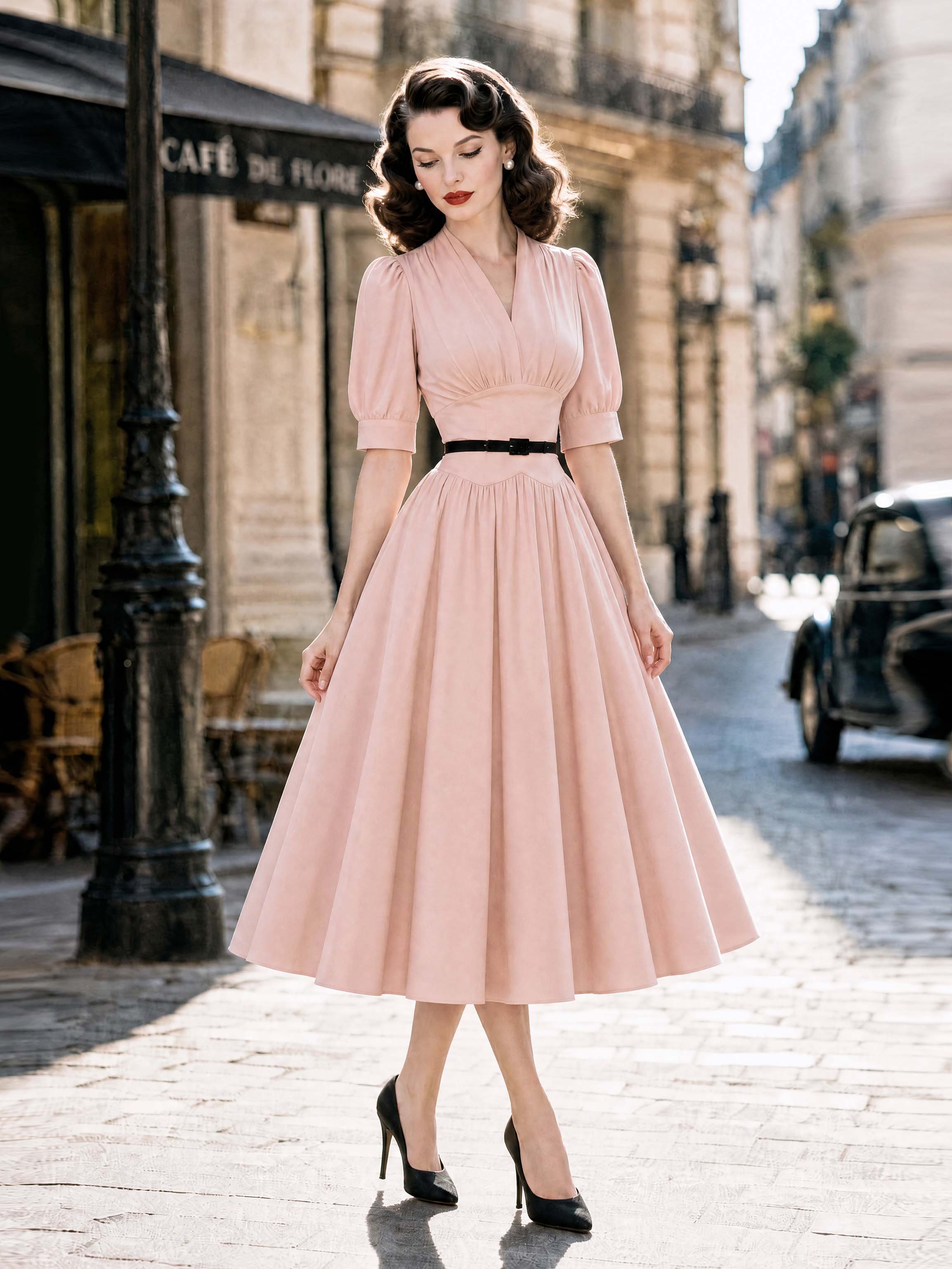 Vintage V-Neck Puff Sleeve Belted Swing Dress