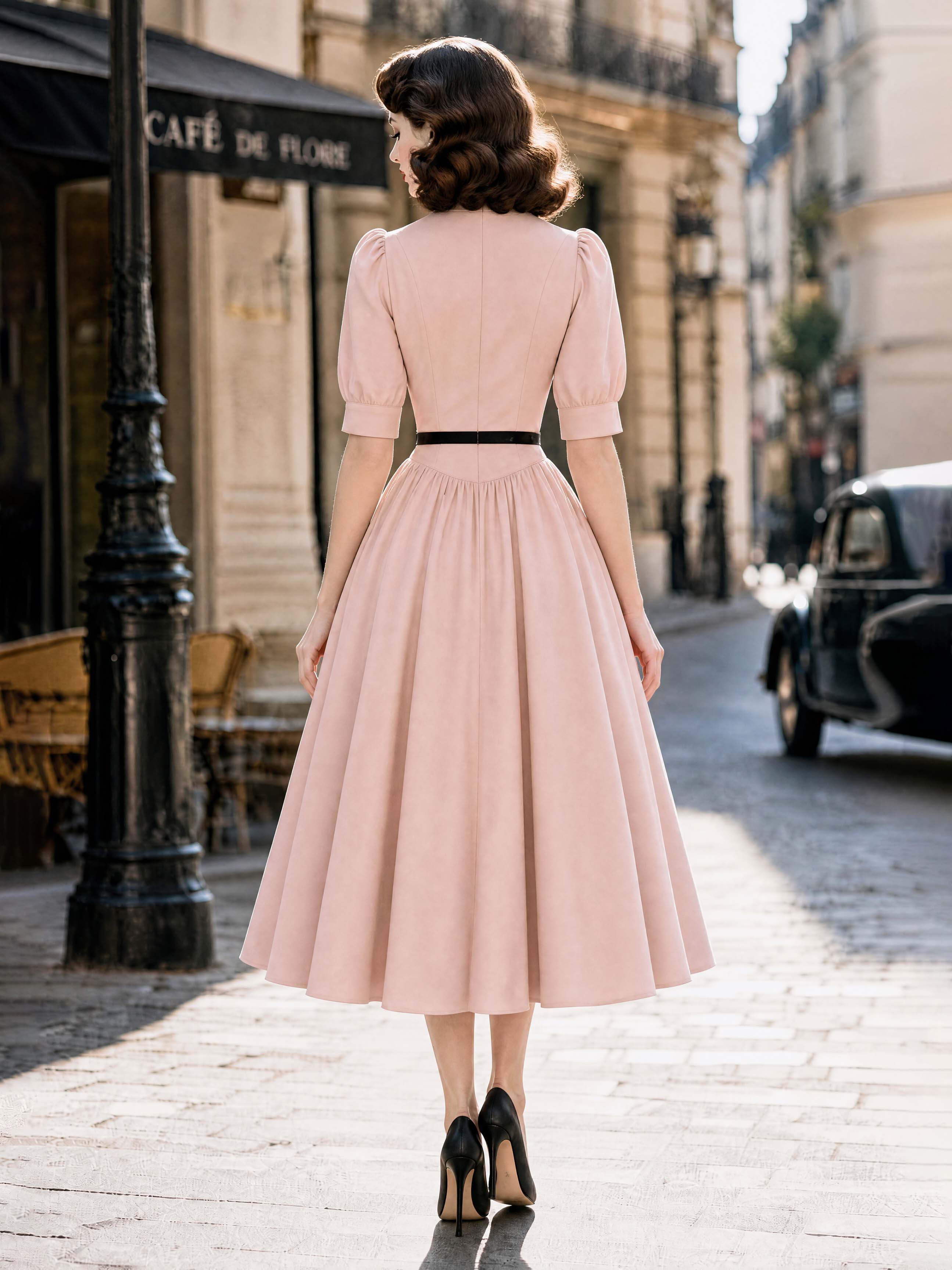 Vintage V-Neck Puff Sleeve Belted Swing Dress