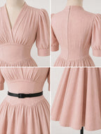 Vintage V-Neck Puff Sleeve Belted Swing Dress
