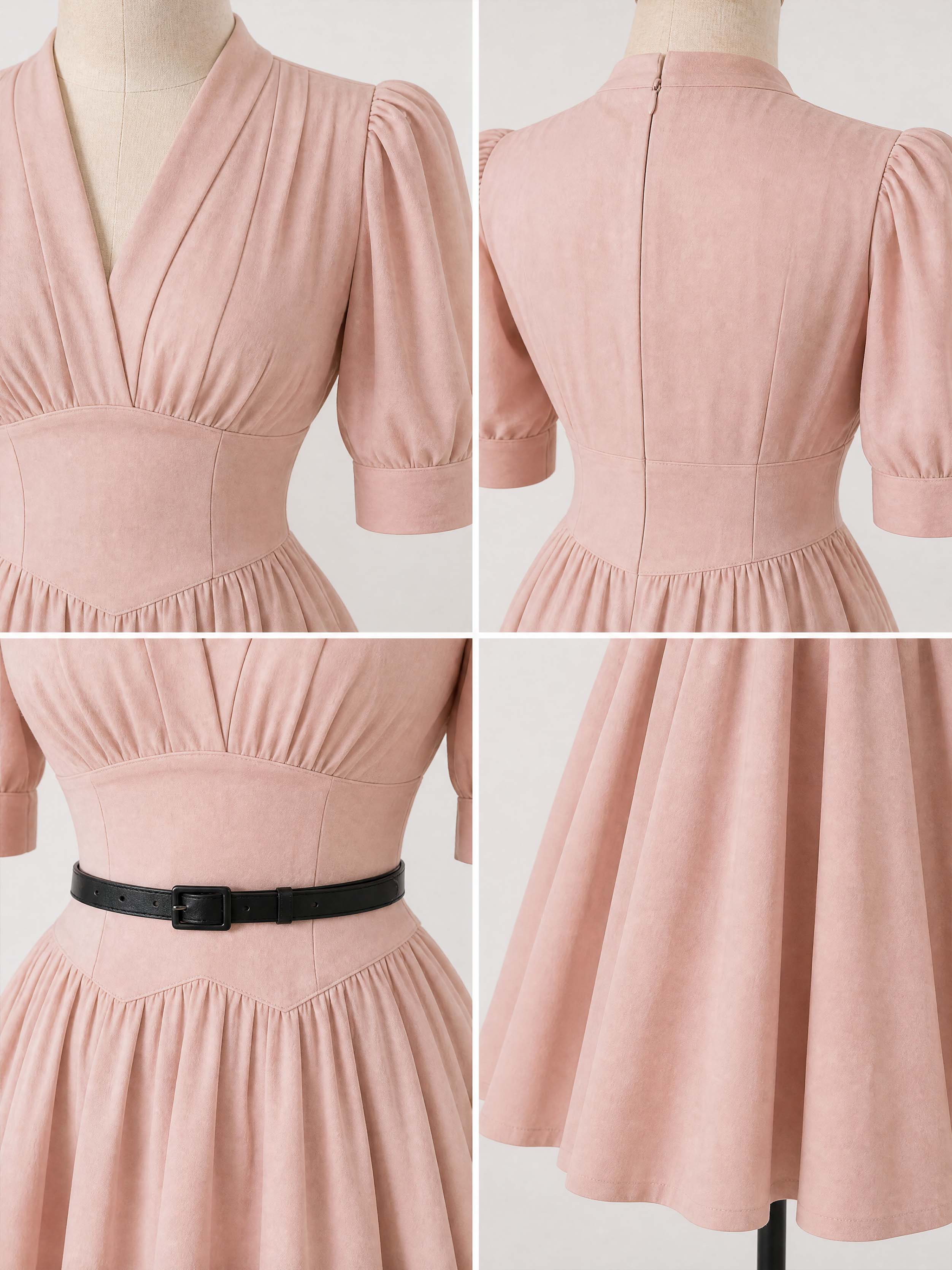 Vintage V-Neck Puff Sleeve Belted Swing Dress
