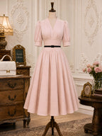 Vintage V-Neck Puff Sleeve Belted Swing Dress