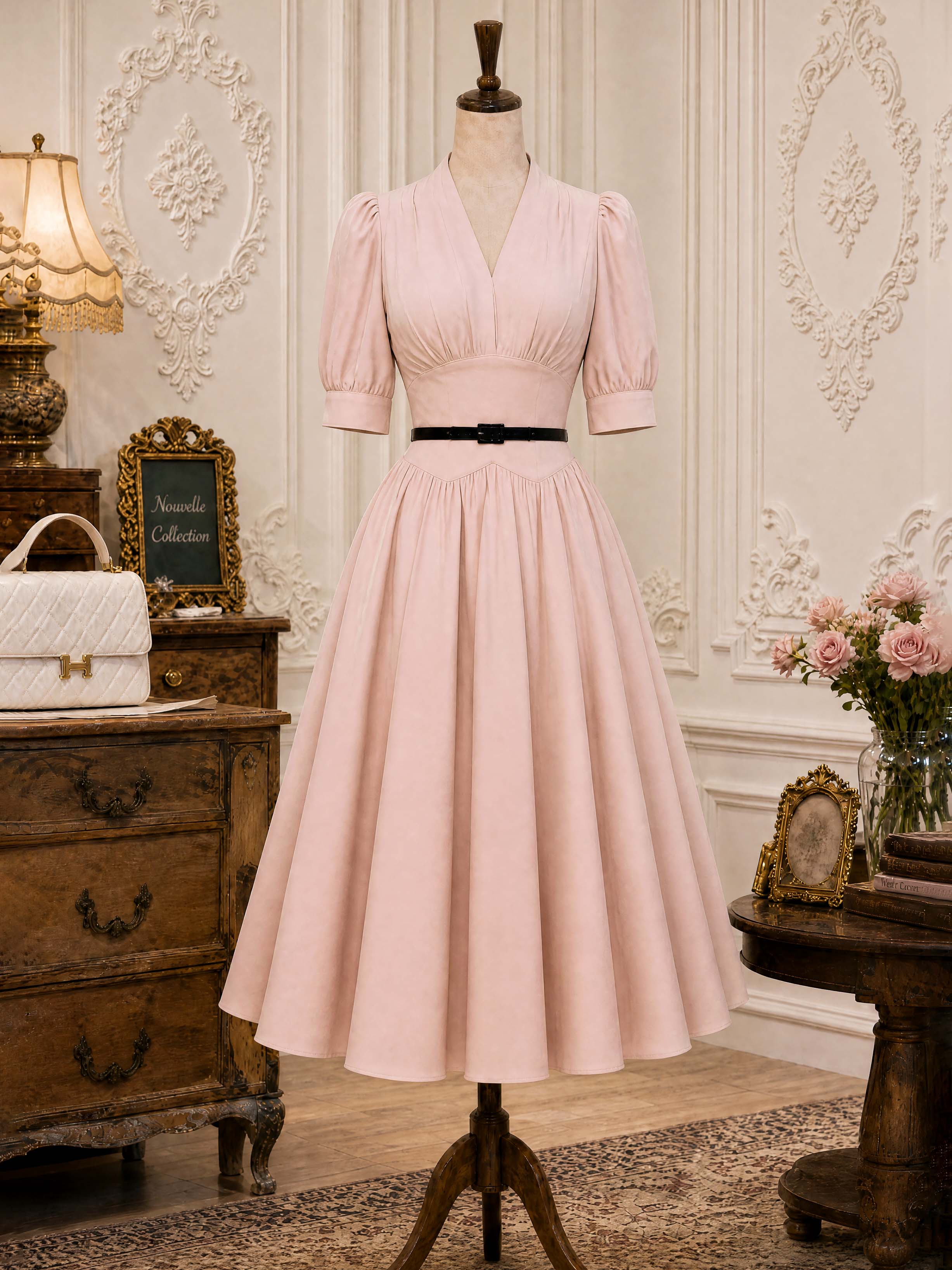 Vintage V-Neck Puff Sleeve Belted Swing Dress