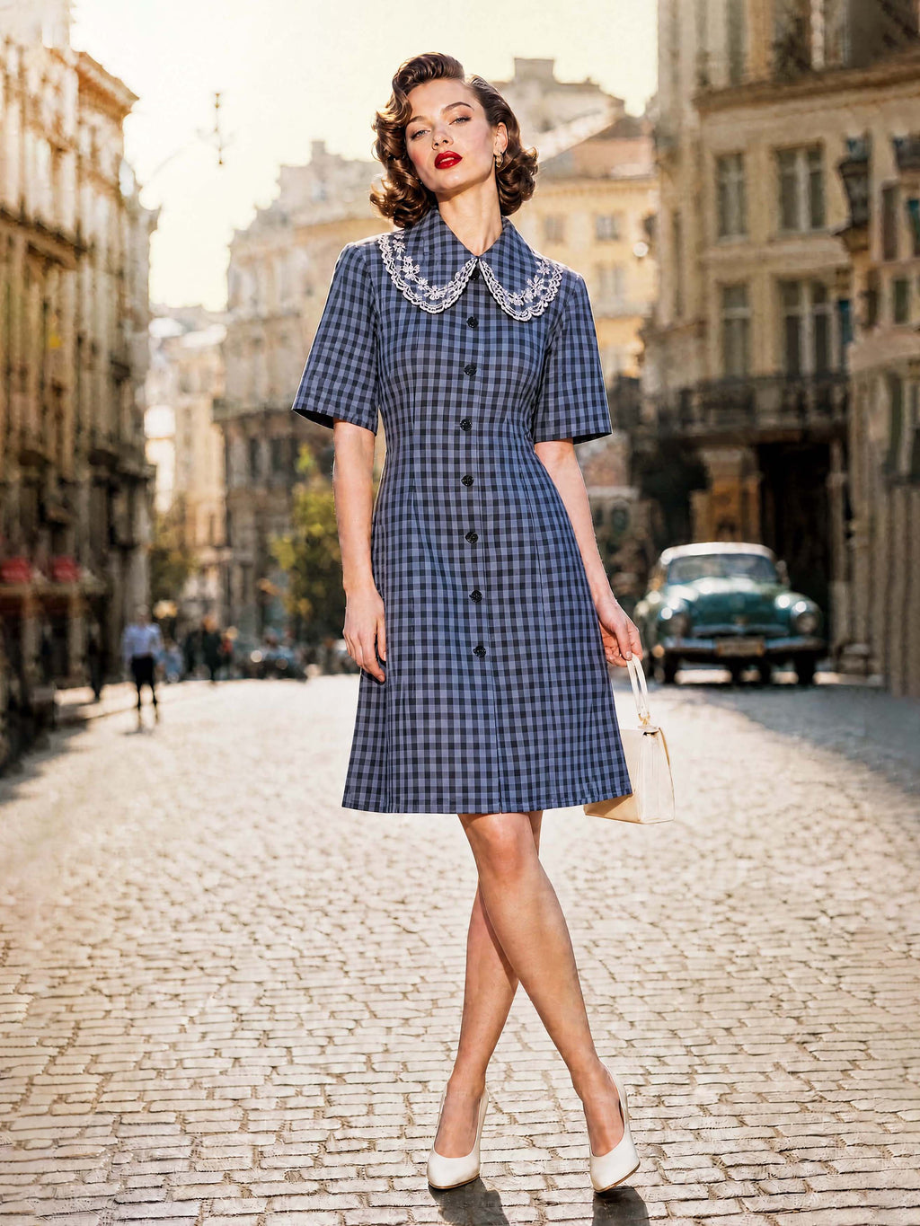 Vintage Navy Gingham Lace Collar Mini Dress