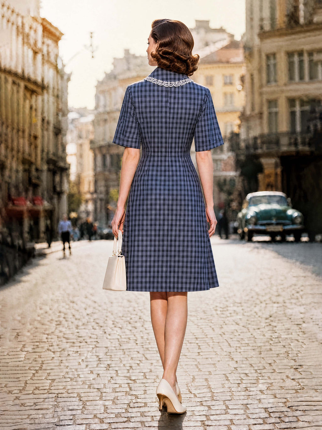 Vintage Navy Gingham Lace Collar Mini Dress