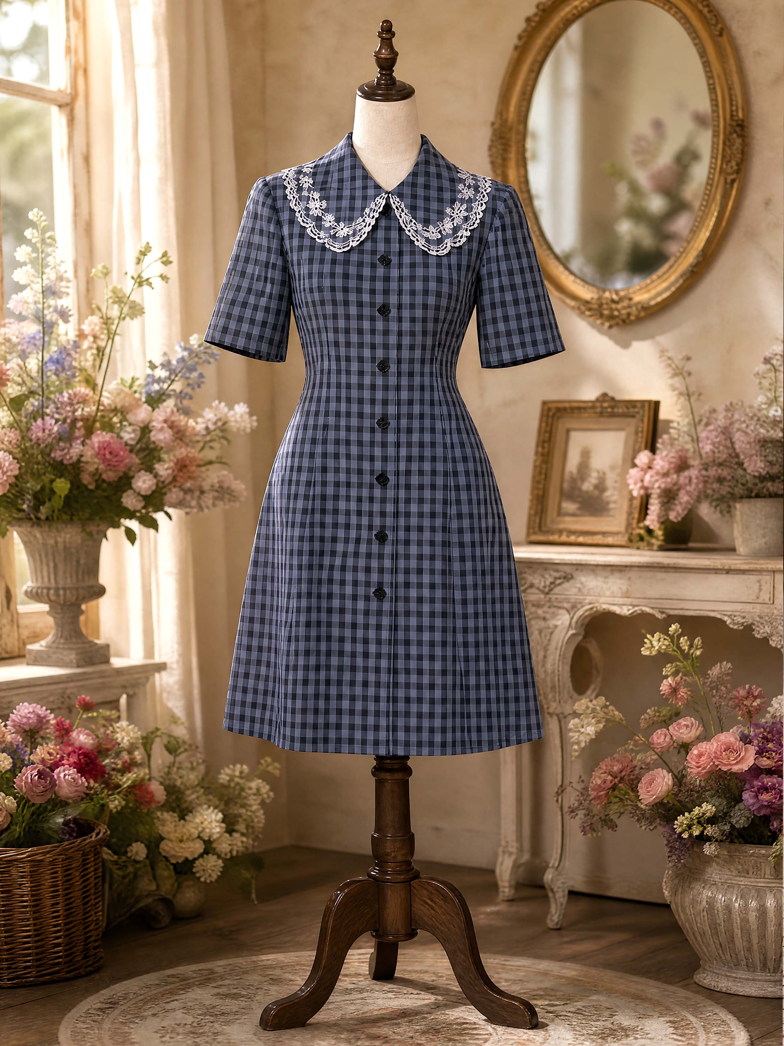 Vintage Navy Gingham Lace Collar Mini Dress
