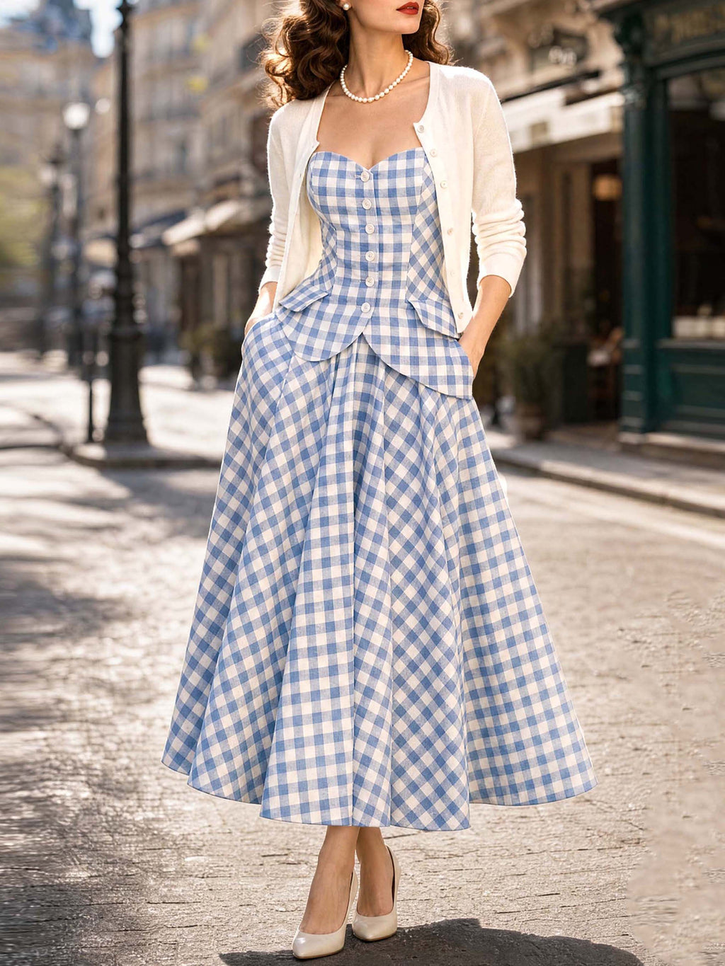 Vintage Blue Gingham Strapless Dress Set