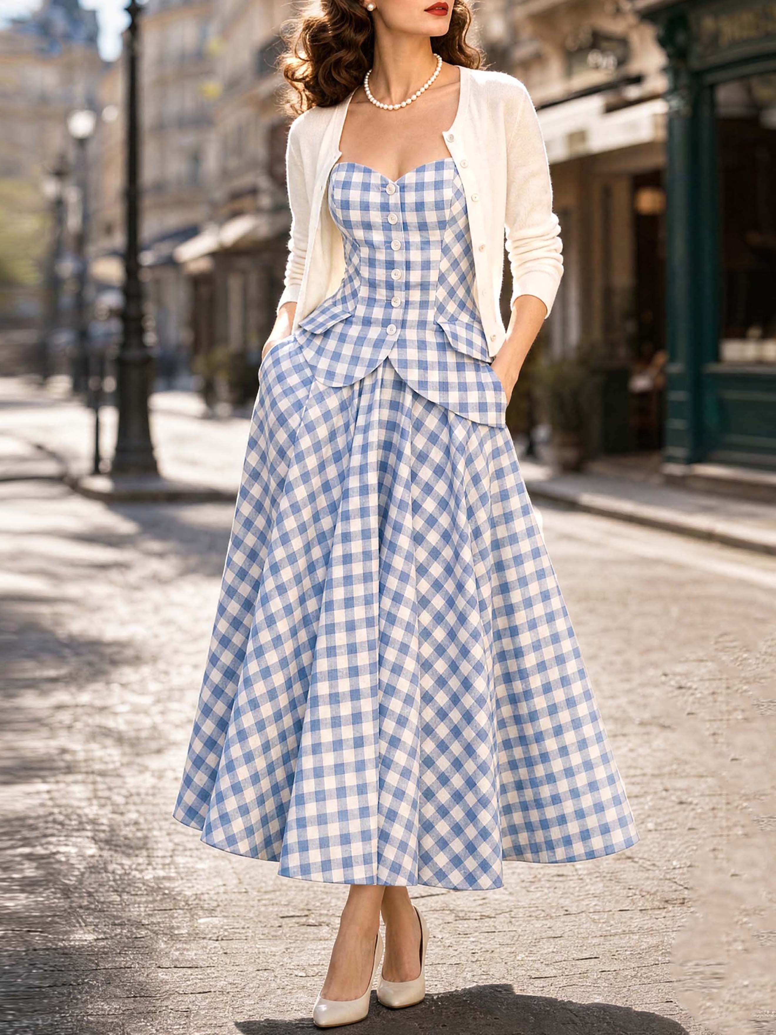 Vintage Blue Gingham Strapless Dress Set