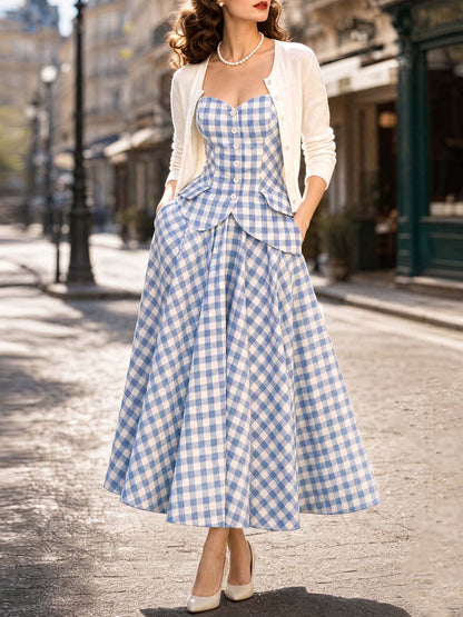 Vintage Blue Gingham Strapless Dress Set