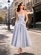 Vintage Blue Gingham Strapless Dress Set